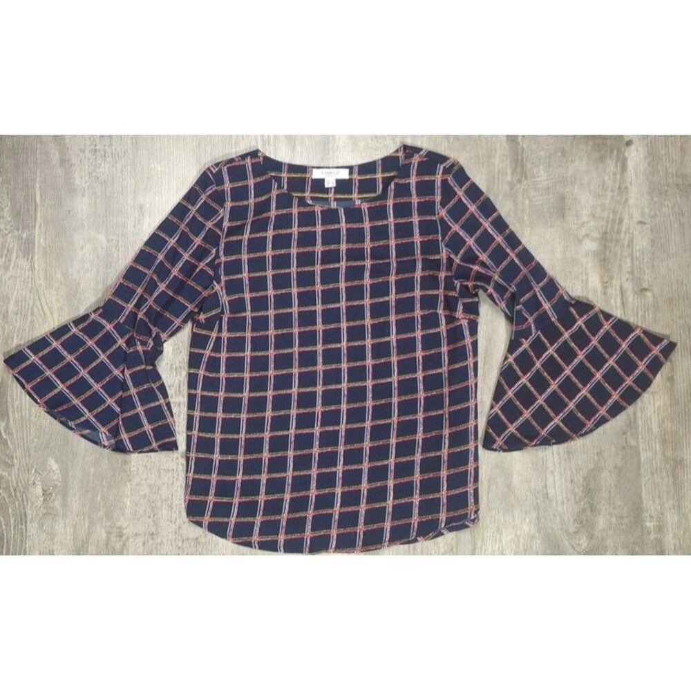 Camila Casual Women Size 2 Blouse Navy Blue Red Plaid Bell Sleeve Lightweight